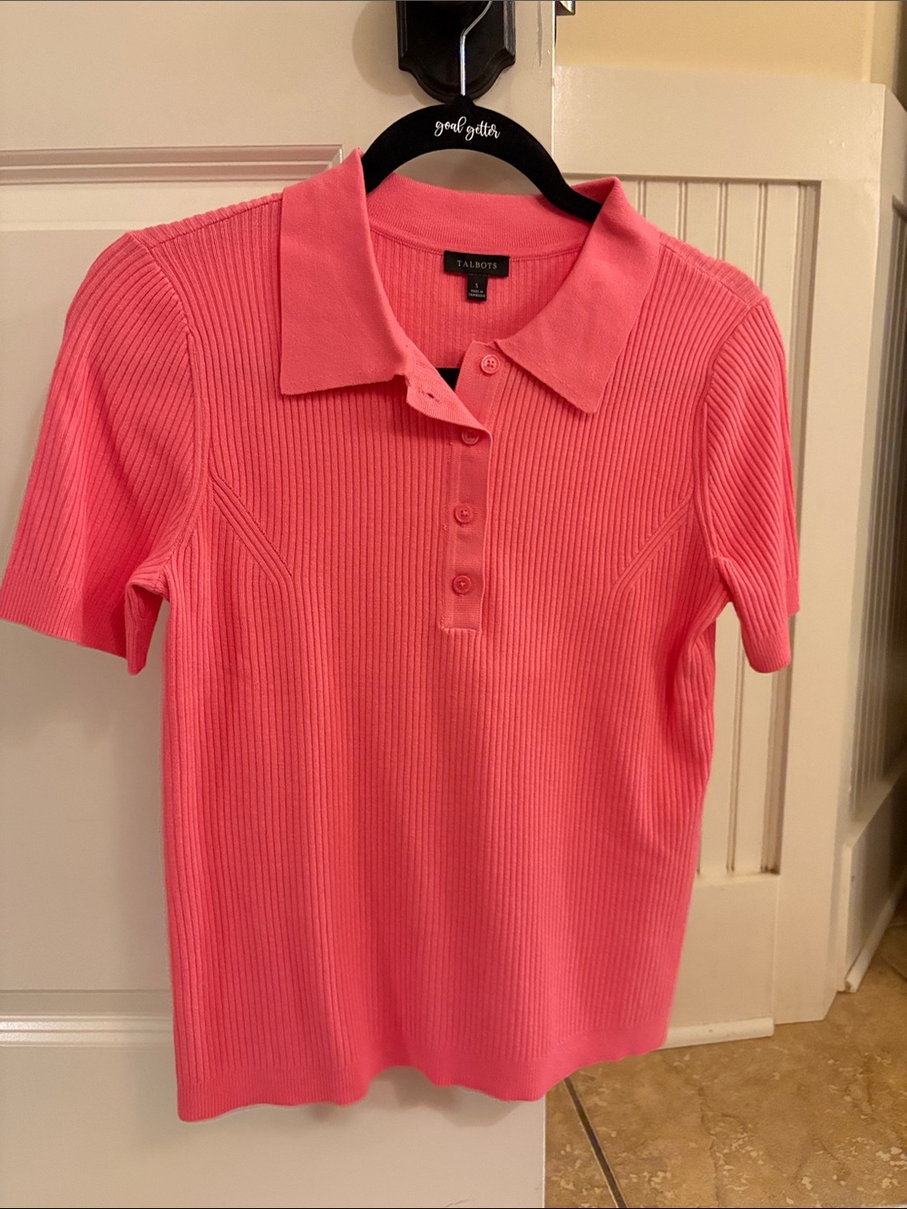 Talbots Coral-Pink Ribbed Short-Sleeve Polo Top